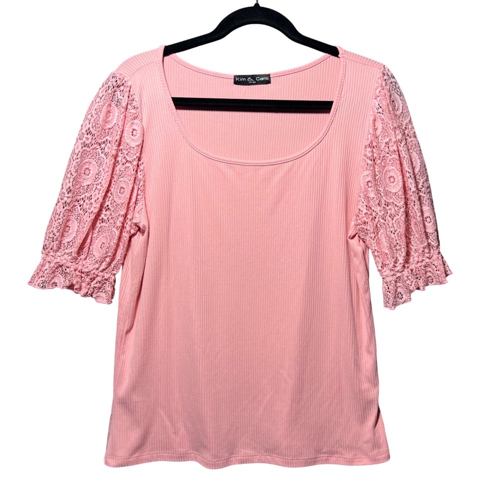 Kim‎ & Cami Pink Ribbed Lace Sleeve Puff Sleeve Scoop Neck Top Women's Large